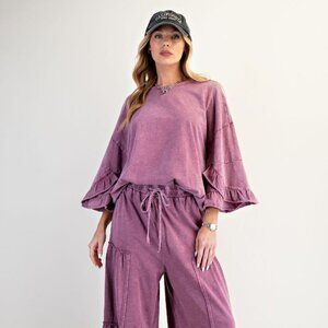 E28 Easel Raspberry Ruffle Sleeve Mineral Washed Slub Top Oversized